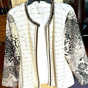 CHICOS Ivory Black Metallic Gold Open Front Jacket Size 2 US 16 Chain Detail EUC